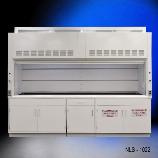 Full wide front view of 10' x 48" Fisher American Fume Hood w/ Flammable & General Storage Cabinets