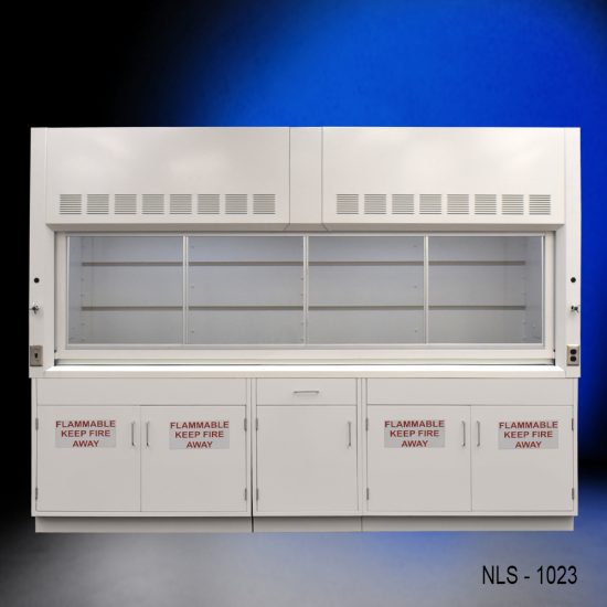 Full view of 10' x 48" Fisher American Fume Hood w/ Flammable Storage Cabinets
