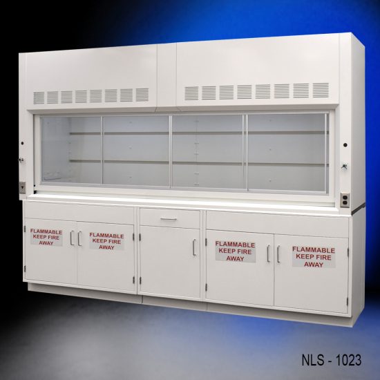 Full Wide right corner view of 10' x 48" Fisher American Fume Hood w/ Flammable Storage Cabinets