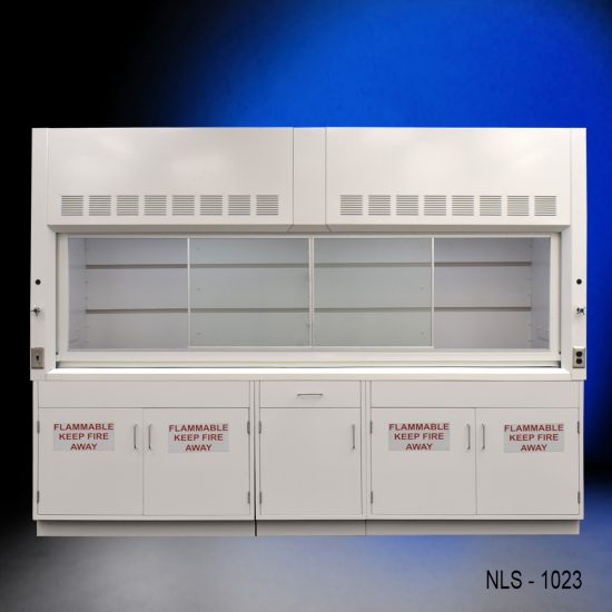 Full Wide view of 10' x 48" Fisher American Fume Hood w/ Flammable Storage Cabinets with fume doors in the middle