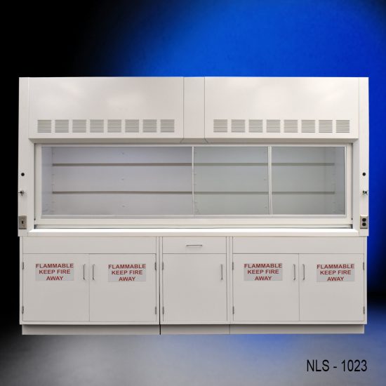 Full Wide view of 10' x 48" Fisher American Fume Hood w/ Flammable Storage Cabinets with fume doors to the right