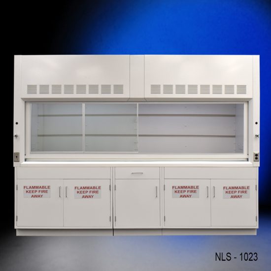 Full Wide view of 10' x 48" Fisher American Fume Hood w/ Flammable Storage Cabinets with fume doors to the left