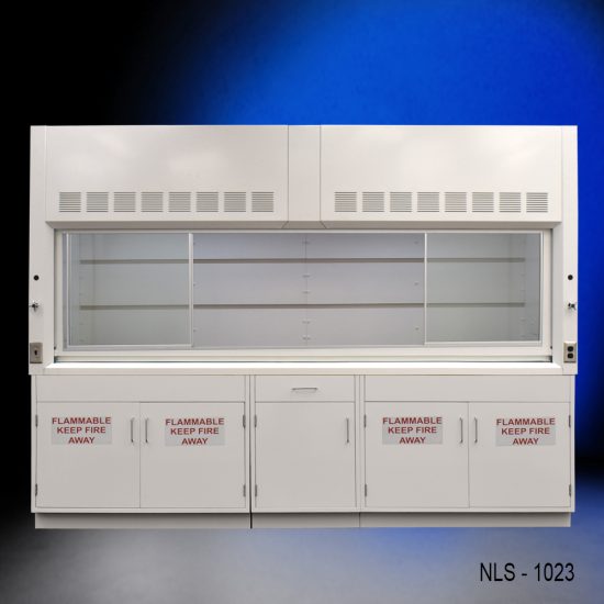 Full Wide view of 10' x 48" Fisher American Fume Hood w/ Flammable Storage Cabinets with fume doors split