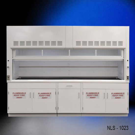 Full Wide view of 10' x 48" Fisher American Fume Hood w/ Flammable Storage Cabinets with fume hoods up