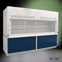 Full Left Corner Front 10' x 48" Fisher American Fume Hood w/ Blue General Storage Cabinets