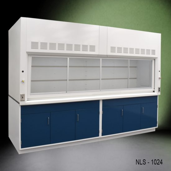 Full Left Corner Front 10' x 48" Fisher American Fume Hood w/ Blue General Storage Cabinets