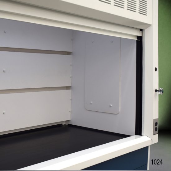Inside right corner view 10' x 48" Fisher American Fume Hood w/ Blue General Storage Cabinets