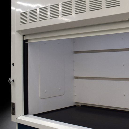 Inside left corner view 10' x 48" Fisher American Fume Hood w/ Blue General Storage Cabinets