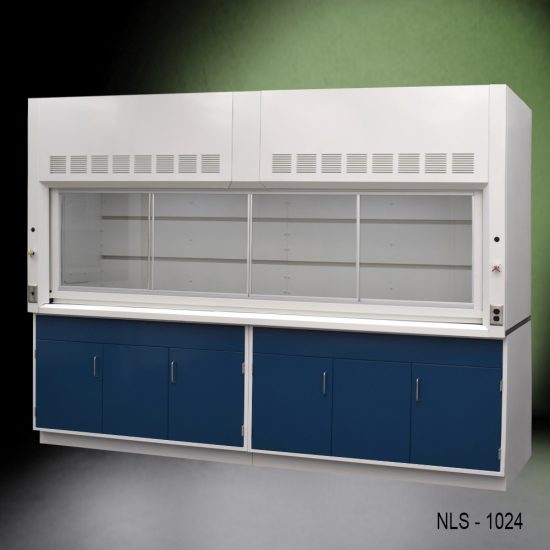 Full Right Corner Front view 10' x 48" Fisher American Fume Hood w/ Blue General Storage Cabinets