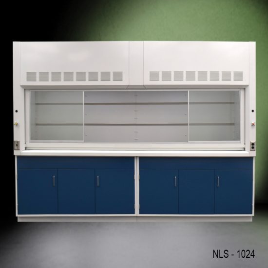 Full Front view 10' x 48" Fisher American Fume Hood w/ Blue General Storage Cabinets with fume hood doors split