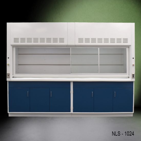 Full Front view 10' x 48" Fisher American Fume Hood w/ Blue General Storage Cabinets with fume hood doors to right