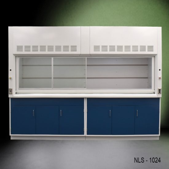 Full Front view 10' x 48" Fisher American Fume Hood w/ Blue General Storage Cabinets with fume hood doors to left
