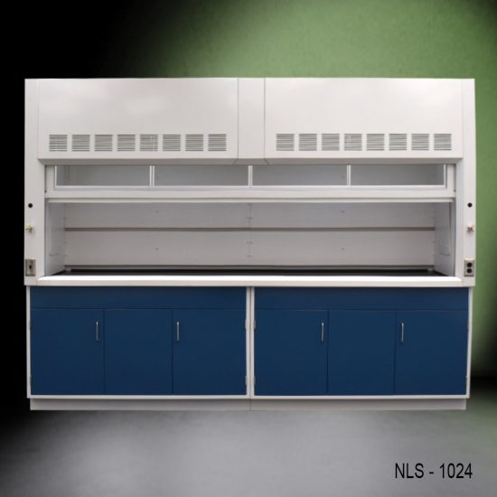 Full Front view 10' x 48" Fisher American Fume Hood w/ Blue General Storage Cabinets