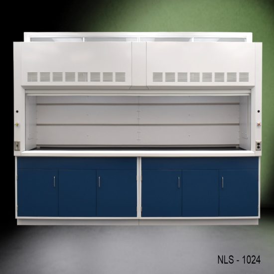 Full Wide Front view 10' x 48" Fisher American Fume Hood w/ Blue General Storage Cabinets