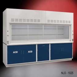 Front left corner view 10' x 48" Fisher American Fume Hood w/ Blue ACID & General Storage Cabinets