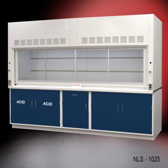 Full front right corner view 10' x 48" Fisher American Fume Hood w/ Blue ACID & General Storage Cabinets