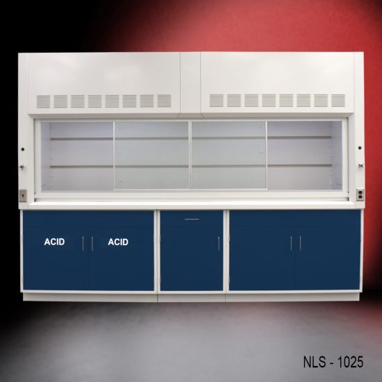 Full front view 10' x 48" Fisher American Fume Hood w/ Blue ACID & General Storage Cabinets with fume doors in middle