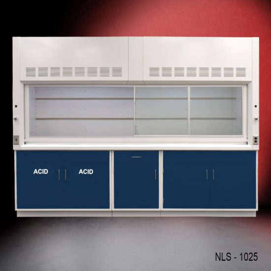 Full front view 10' x 48" Fisher American Fume Hood w/ Blue ACID & General Storage Cabinets with fume doors to right
