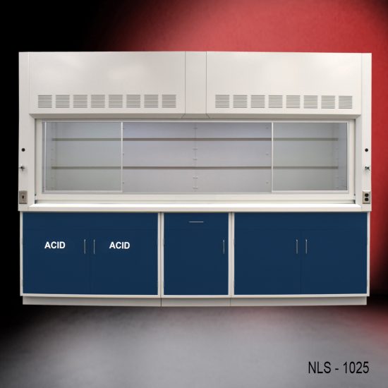 Full front view 10' x 48" Fisher American Fume Hood w/ Blue ACID & General Storage Cabinets with fume doors split