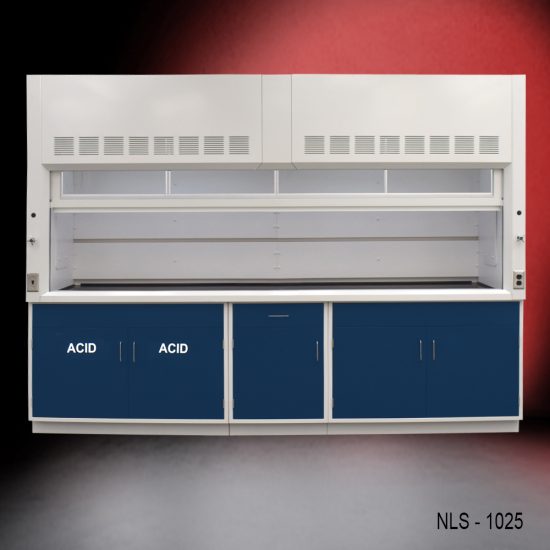Full front view 10' x 48" Fisher American Fume Hood w/ Blue ACID & General Storage Cabinets