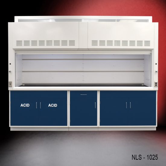 Full wide front view 10' x 48" Fisher American Fume Hood w/ Blue ACID & General Storage Cabinets