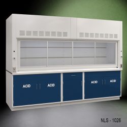 Front left corner view 10' x 48" Fisher American Fume Hood with 4 Blue ACID Storage Cabinets