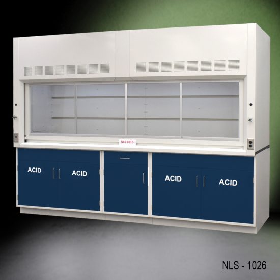 Front right corner view 10' x 48" Fisher American Fume Hood w/ 4 Blue ACID Storage Cabinets