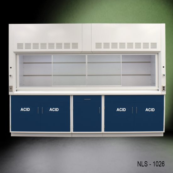Front open doors in middle of 10' x 48" Fisher American Fume Hood w/ 4 Blue ACID Storage Cabinets