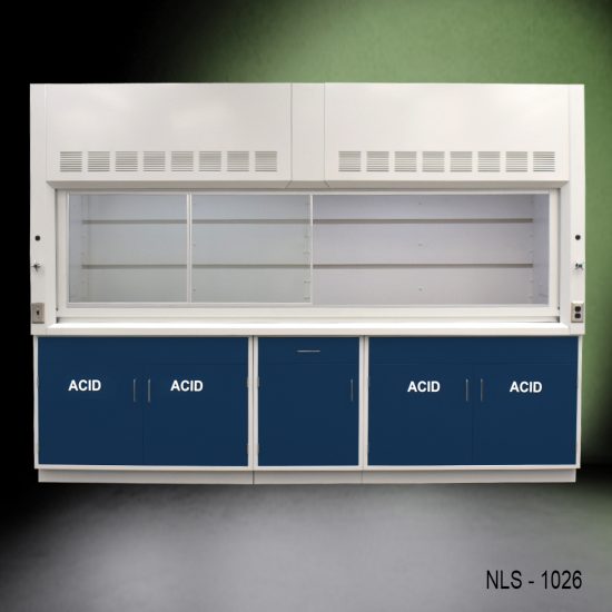 Front open doors all to the left of 10' x 48" Fisher American Fume Hood w/ 4 Blue ACID Storage Cabinets