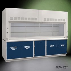 Front left corner view 10' x 48" Fisher American Chemical Fume Hood w/ Blue ACID and Flammable Storage
