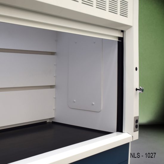 Inside left corner 10' x 48" Fisher American Chemical Fume Hood w/ Blue ACID & Flammable Storage