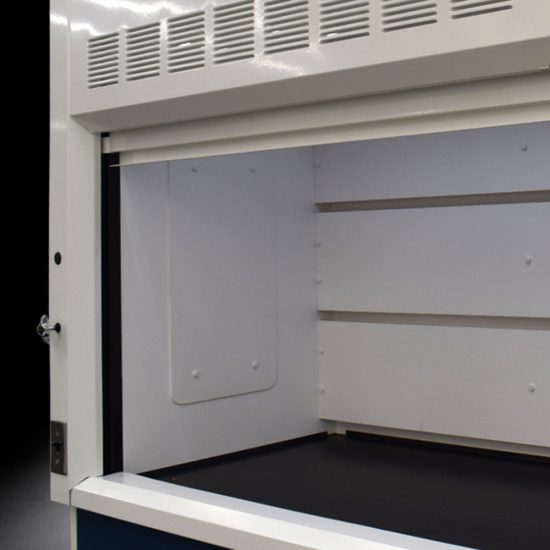 Inside right corner 10' x 48" Fisher American Chemical Fume Hood w/ Blue ACID & Flammable Storage