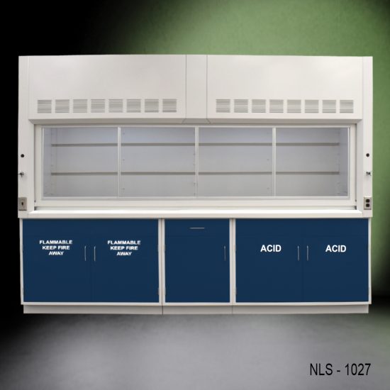 Front view 10' x 48" Fisher American Chemical Fume Hood w/ Blue ACID and Flammable Storage