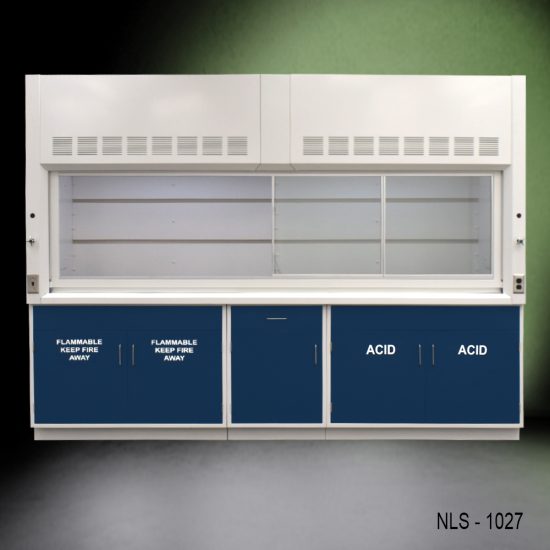 Front with open doors to the right 10' x 48" Fisher American Chemical Fume Hood w/ Blue ACID & Flammable Storage