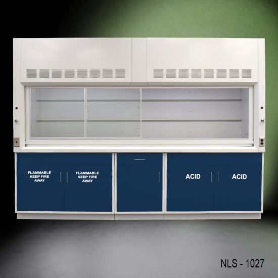 Front with open doors to the left 10' x 48" Fisher American Chemical Fume Hood w/ Blue ACID & Flammable Storage