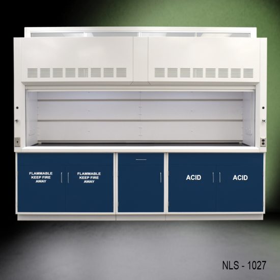 Front tall 10' x 48" Fisher American Chemical Fume Hood w/ Blue ACID & Flammable Storage