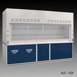 Front left corner view 10' x 48" Fisher American Fume Hood w/ Blue Flammable & General Storage Cabinets