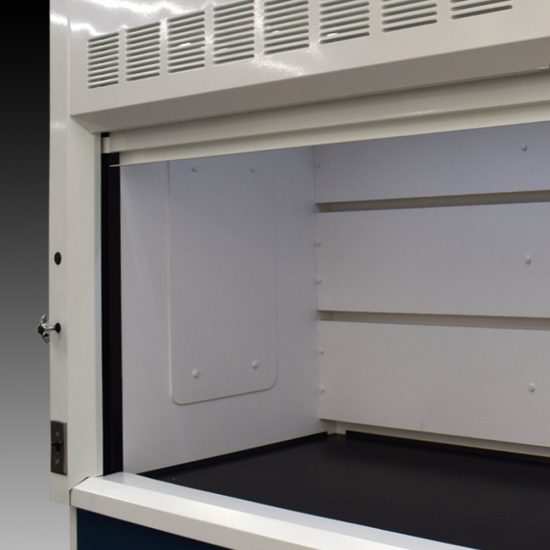 Inside right corner 10' x 48" Fisher American Fume Hood w/ Blue Flammable & General Storage Cabinets