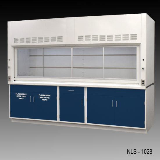 Front right corner view 10' x 48" Fisher American Fume Hood w/ Blue Flammable & General Storage Cabinets