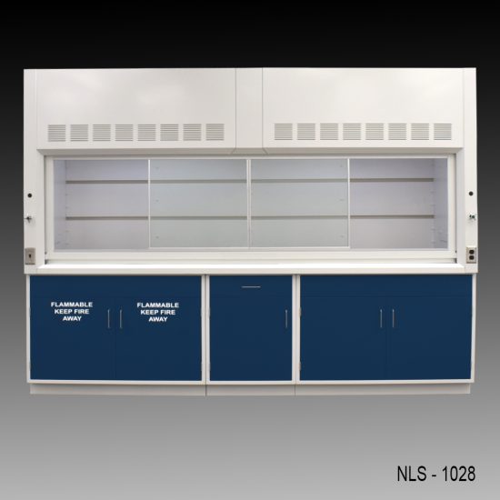 Front view with doors in the middle 10' x 48" Fisher American Fume Hood w/ Blue Flammable & General Storage Cabinets