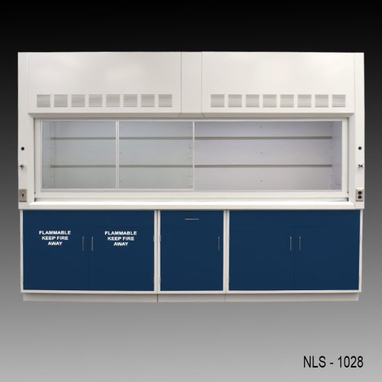 Front view with doors to the left side 10' x 48" Fisher American Fume Hood w/ Blue Flammable & General Storage Cabinets