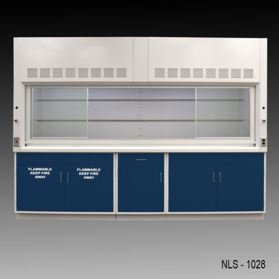 Front view with doors 10' x 48" Fisher American Fume Hood w/ Blue Flammable & General Storage Cabinets