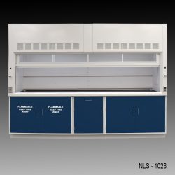 Front 10' x 48" Fisher American Fume Hood with Blue Flammable & General Storage Cabinets
