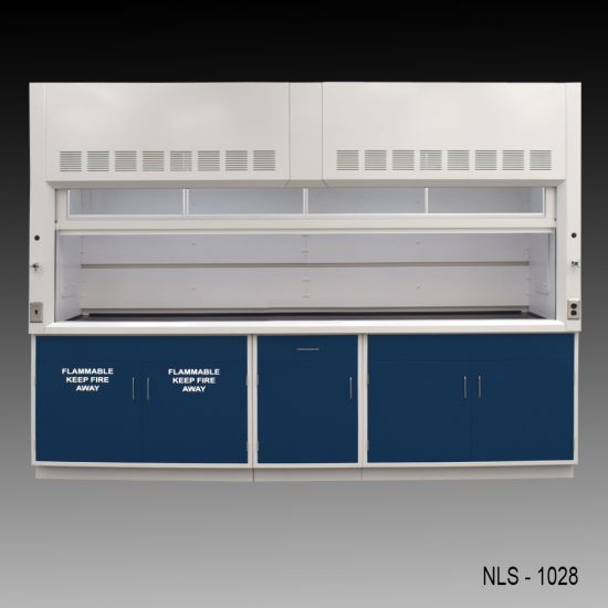 Front 10' x 48" Fisher American Fume Hood with Blue Flammable & General Storage Cabinets
