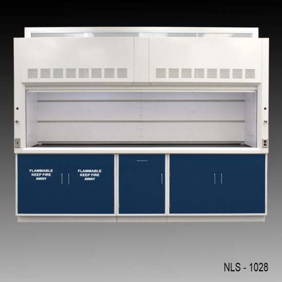 Front view 10' x 48" Fisher American Fume Hood w/ Blue Flammable & General Storage Cabinets