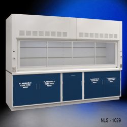 Left front corner view 10' x 48" Fisher American Fume Hood with Blue Flammable Storage Cabinets
