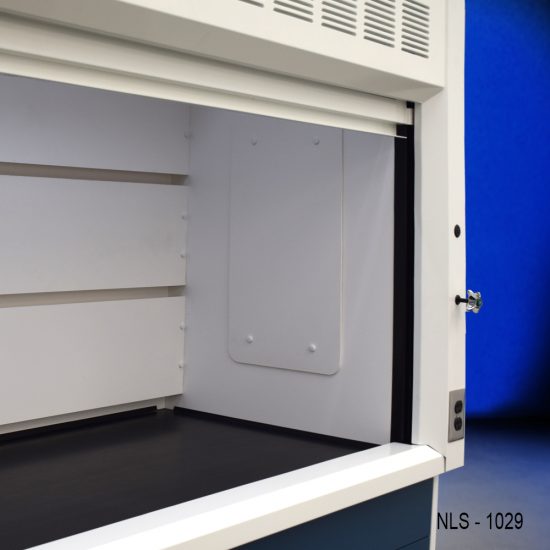 Inside right corner of 10' x 48" Fisher American Fume Hood w/ Blue Flammable Storage Cabinets