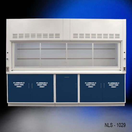 Front 10x 48 Fisher American Fume Hood with Blue Flammable Storage Cabinets