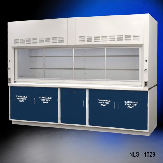 right front corner view 10' x 48" Fisher American Fume Hood with Blue Flammable Storage Cabinets