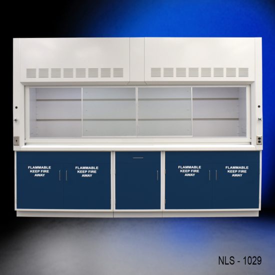 Front view with cabinet doors in front 10' x 48" Fisher American Fume Hood with Blue Flammable Storage Cabinets